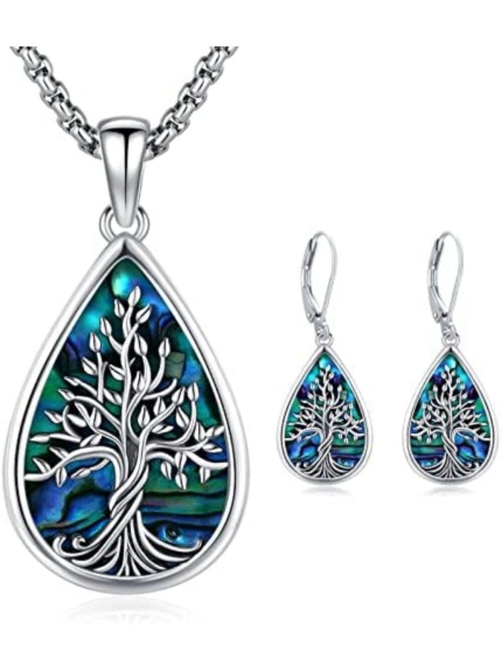 Sterling Silver Tree of Life Jewelry Set - Abalone Shell Earrings & Necklace for